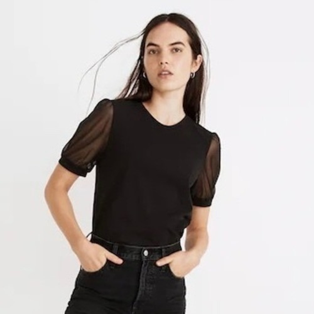 Madewell Women's Black Knit Top with Sheer Sleeve Detail Size Large